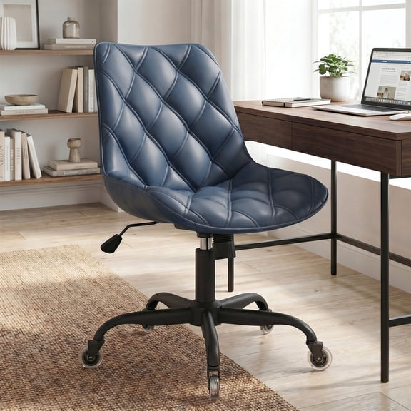 Hawsaiy Armless Office Chair with Rubber Wheels, PU Leather Desk Chair, Mid Back Adjustable Swivel Computer Chair, Small Space Vanity Task Chair, Blue