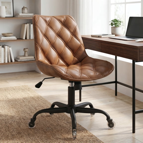Hawsaiy Armless Office Chair with Rubber Wheels, PU Leather Desk Chair, Mid Back Adjustable Swivel Computer Chair, Small Space Vanity Task Chair, Brown
