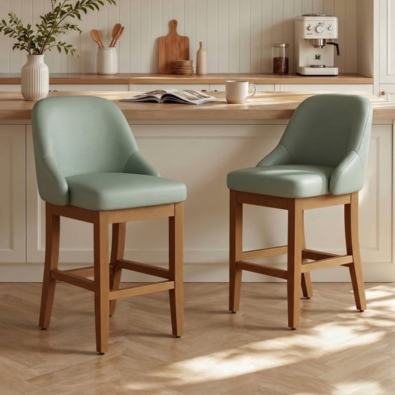 Hawsaiy Bar Stool Set of 2, 26" Counter Height Bar Stools with Back, Upholstered Faux Leather Bar Chairs, Solid Wood Legs & Footrest, Kitchen Island Stools for Dining Room, Green