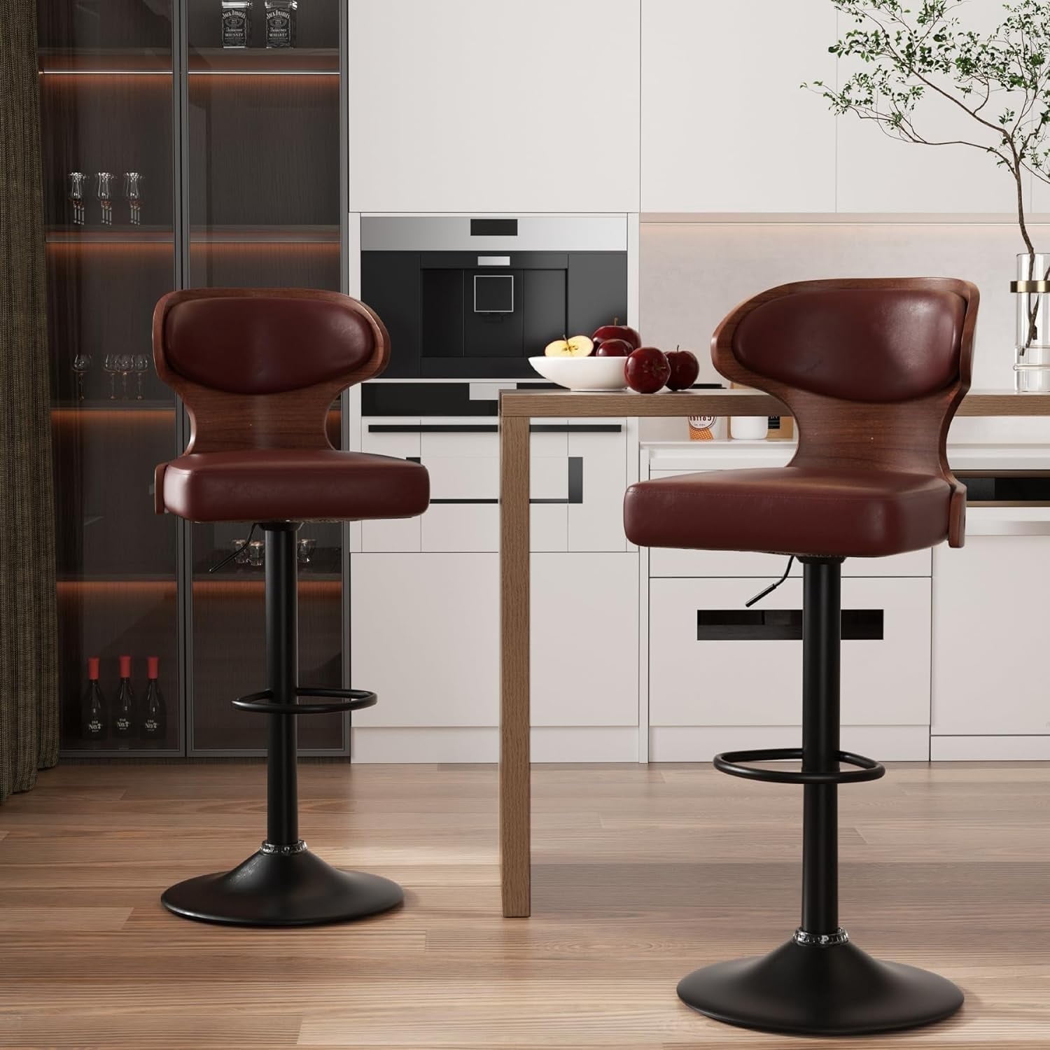 Hawsaiy Bar Stools Set of 2, Adjustable Height 24.5"-33.5", Bentwood Swivel Barstools with Back & Footrest, PU Leather Upholstered Bar Chairs for Kitchen Island, Dining Room, Home Bar