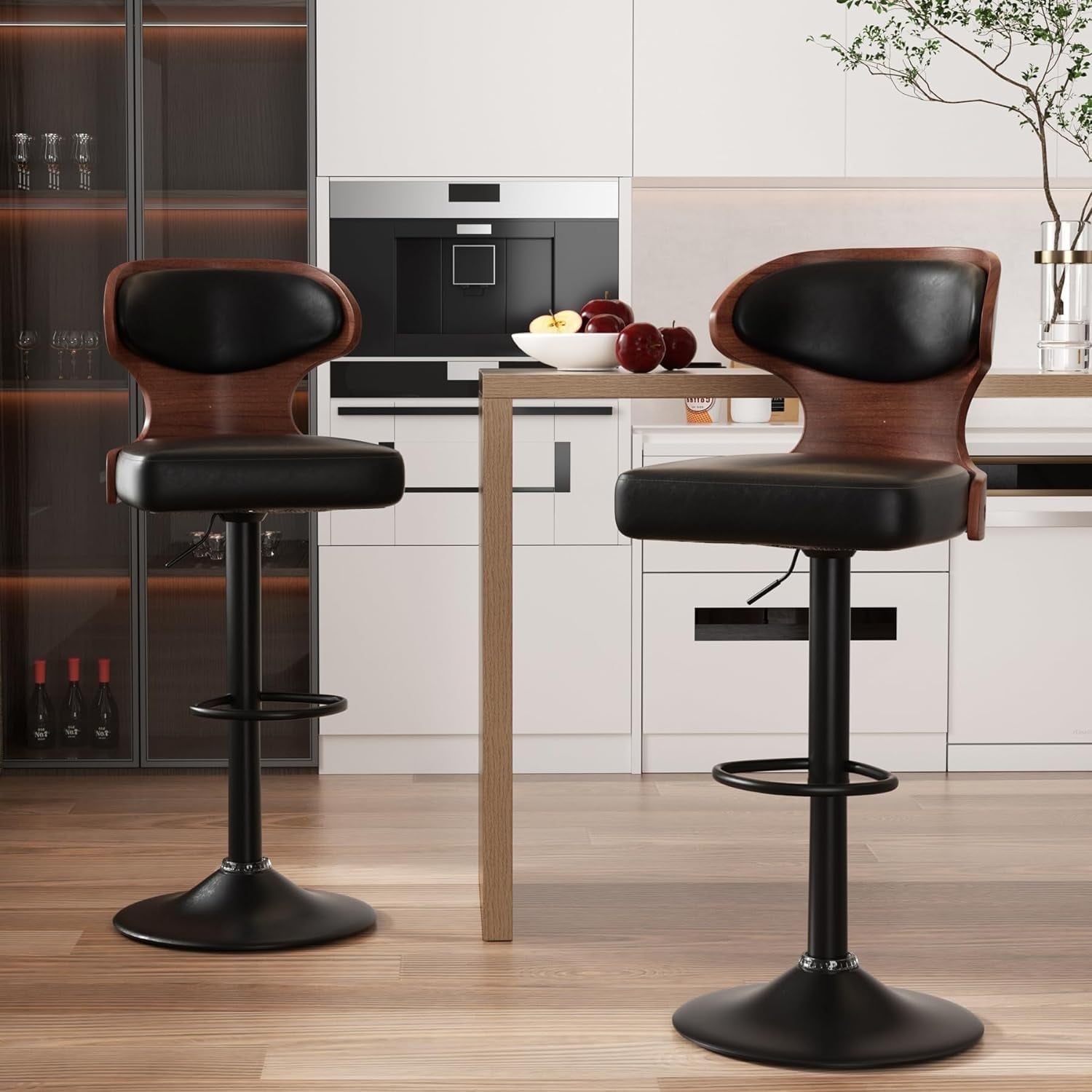 Hawsaiy Bar Stools Set of 2, Adjustable Height 24.5"-33.5", Bentwood Swivel Barstools with Back & Footrest, PU Leather Upholstered Bar Chairs for Kitchen Island, Dining Room, Home Bar