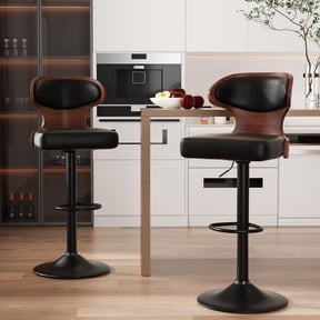 Hawsaiy Bar Stools Set of 2, Adjustable Height 24.5"-33.5", Bentwood Swivel Barstools with Back & Footrest, PU Leather Upholstered Bar Chairs for Kitchen Island, Dining Room, Home Bar