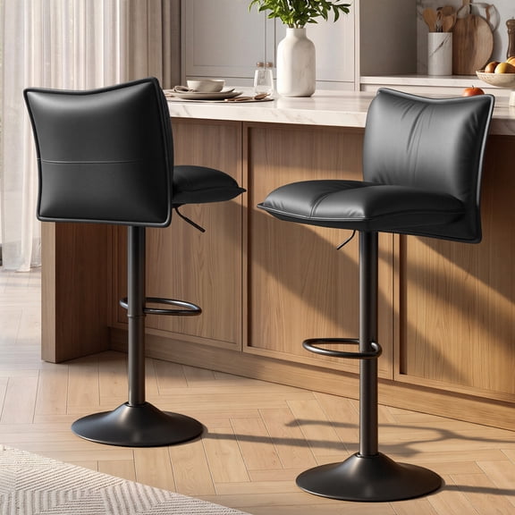 Hawsaiy Bar Stools Set of 2, Adjustable Swivel Bar Chairs with Thick Padded Seat, Faux Leather Upholstered Counter Height Bar Stools with Storage Pocket for Kitchen Island, Black