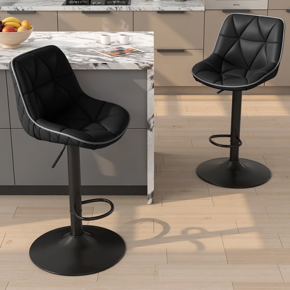 Hawsaiy Bar Stools Set of 2, Adjustable Swivel Counter Height Bar Stools with Back, Upholstered Modern Barstools with Diamond Stitching, Black