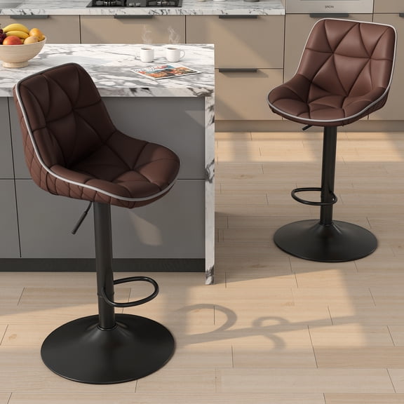 Hawsaiy Bar Stools Set of 2, Adjustable Swivel Counter Height Bar Stools with Back, Upholstered Modern Barstools with Diamond Stitching, Brown