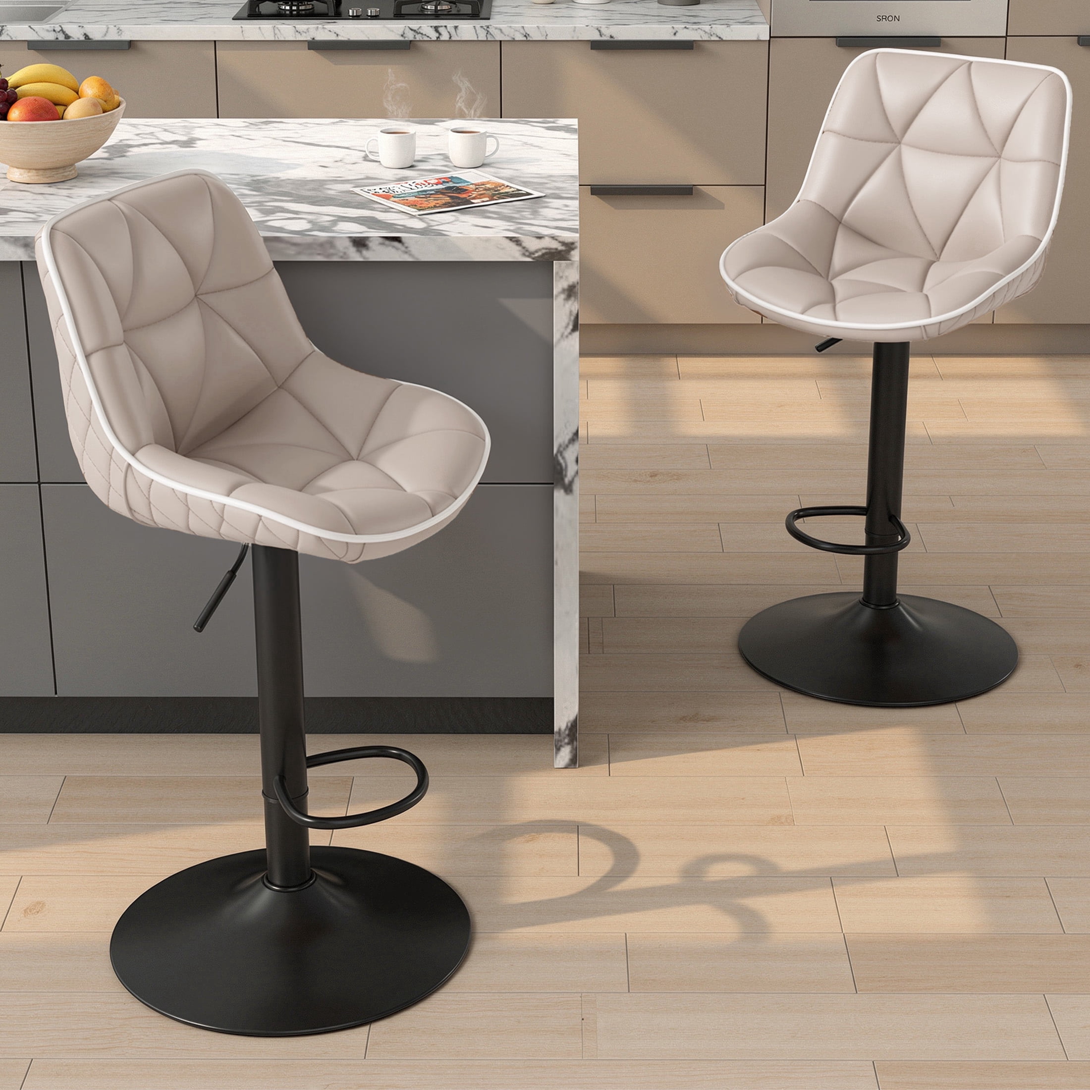 Hawsaiy Bar Stools Set of 2, Adjustable Swivel Counter Height Bar Stools with Back, Upholstered Modern Barstools with Diamond Stitching, Khaki