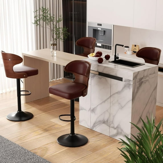 Hawsaiy Bar Stools Set of 4, Adjustable Height 24.5"-33.5", Bentwood Swivel Barstools with Back & Footrest, PU Leather Upholstered Bar Chairs for Kitchen Island, Dining Room, Home Bar