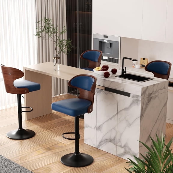 Hawsaiy Bar Stools Set of 4, Adjustable Height 24.5"-33.5", Bentwood Swivel Barstools with Back & Footrest, PU Leather Upholstered Bar Chairs for Kitchen Island, Dining Room, Home Bar