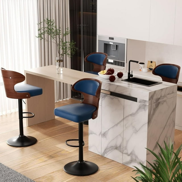 Hawsaiy Bar Stools Set of 4, Adjustable Height 24.5"-33.5", Bentwood Swivel Barstools with Back & Footrest, PU Leather Upholstered Bar Chairs for Kitchen Island, Dining Room, Home Bar