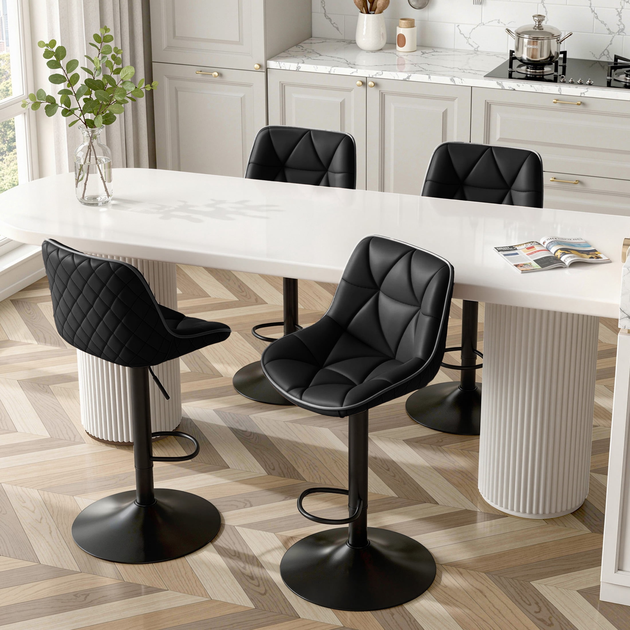 Hawsaiy Bar Stools Set of 4, Adjustable Swivel Counter Height Bar Stools with Back, Upholstered Modern Barstools with Diamond Stitching, Black