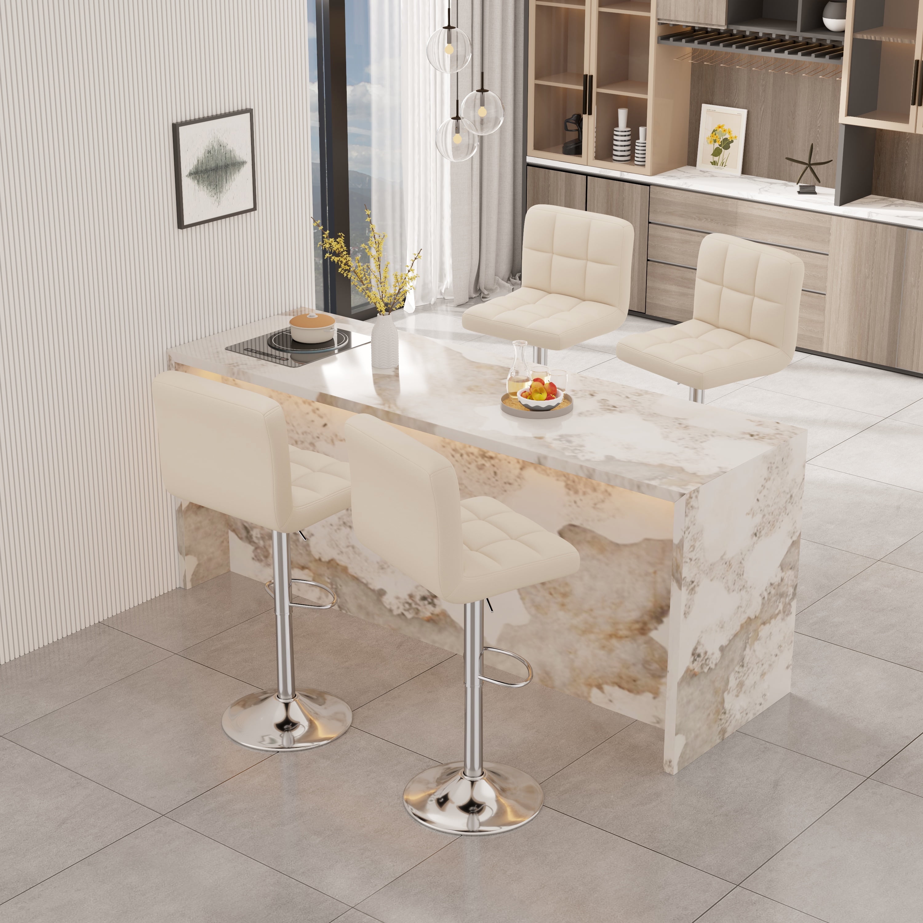 Hawsaiy Modern Adjustable Swivel Bar Stools Set of 4, PU Leather Bar Chairs with Footrest, Beige