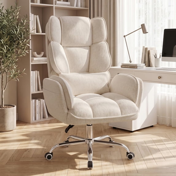 Hawsaiy Big and Tall Office Chair, Flip Armrests with Side Pockets, Comfy Criss Cross Office Chair with Extra-Wide Plush Seat, 150° Reclining Executive Office Chair, Chenille Upholstery, Beige