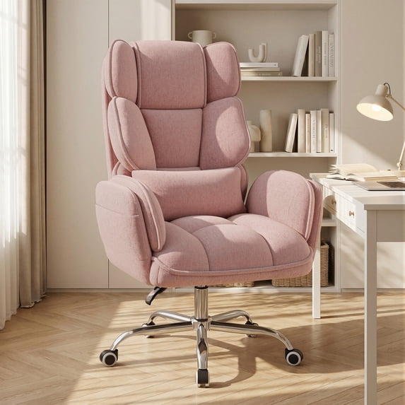 Hawsaiy Big and Tall Office Chair, Flip Armrests with Side Pockets, Comfy Criss Cross Office Chair with Extra-Wide Plush Seat, 150° Reclining Executive Office Chair, Chenille Upholstery, Pink