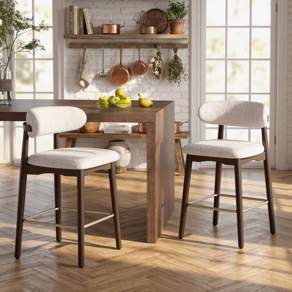 Hawsaiy Counter Height Bar Stools Set of 2, 26" Solid Wood Barstools with Curved Back, Upholstered Fabric Seat & Metal Footrest, Mid-Century Modern Kitchen Island Chairs, Cream