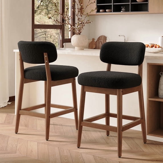 Hawsaiy Counter Height Bar Stools Set of 2, Mid Century Modern Boucle Barstools with Solid Wood Frame, Upholstered Kitchen Island Stools with Backrest & Footrest, Black