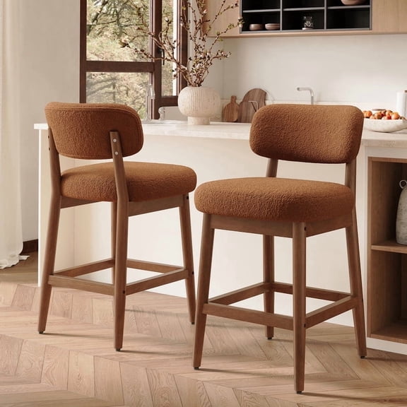 Hawsaiy Counter Height Bar Stools Set of 2, Mid Century Modern Boucle Barstools with Solid Wood Frame, Upholstered Kitchen Island Stools with Backrest & Footrest, Brown