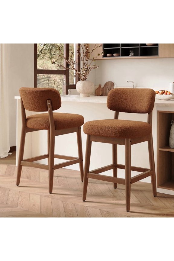 Counter Height Bar Stools Set of 2, Mid Century Modern Boucle Barstools with Solid Wood Frame, Upholstered Kitchen Island Stools with Backrest & Footrest, Brown