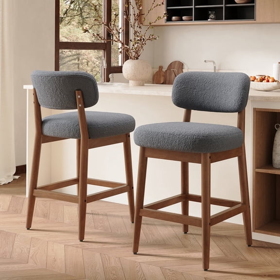 Hawsaiy Counter Height Bar Stools Set of 2, Mid Century Modern Boucle Barstools with Solid Wood Frame, Upholstered Kitchen Island Stools with Backrest & Footrest, Gray