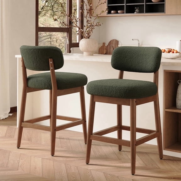 Hawsaiy Counter Height Bar Stools Set of 2, Mid Century Modern Boucle Barstools with Solid Wood Frame, Upholstered Kitchen Island Stools with Backrest & Footrest, Green