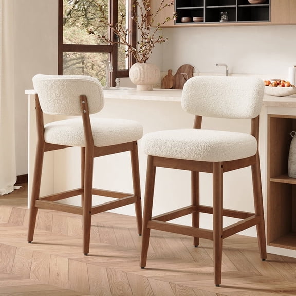 Hawsaiy Counter Height Bar Stools Set of 2, Mid Century Modern Boucle Barstools with Solid Wood Frame, Upholstered Kitchen Island Stools with Backrest & Footrest, White