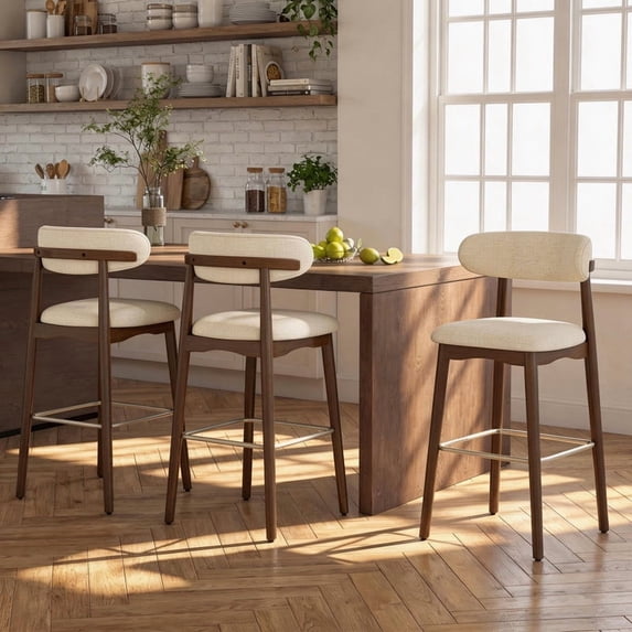 Hawsaiy Counter Height Bar Stools Set of 3, 30.5" Solid Wood Barstools with Curved Back, Upholstered Fabric Seat & Metal Footrest, Mid-Century Modern Kitchen Island Chairs, Beige