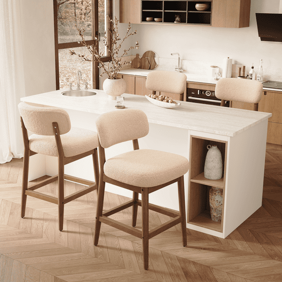 Hawsaiy Counter Height Bar Stools Set of 4, Mid Century Modern Boucle Barstools with Solid Wood Frame, Upholstered Kitchen Island Stools with Backrest & Footrest, Beige