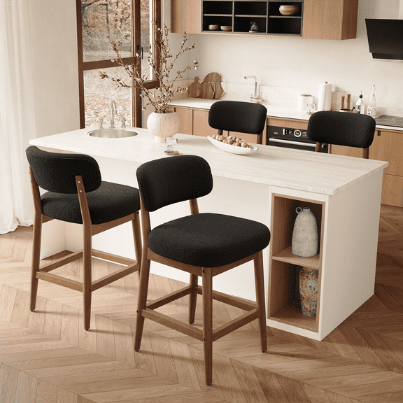 Hawsaiy Counter Height Bar Stools Set of 4, Mid Century Modern Boucle Barstools with Solid Wood Frame, Upholstered Kitchen Island Stools with Backrest & Footrest, Black