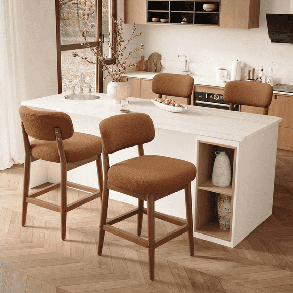 Hawsaiy Counter Height Bar Stools Set of 4, Mid Century Modern Boucle Barstools with Solid Wood Frame, Upholstered Kitchen Island Stools with Backrest & Footrest, Brown
