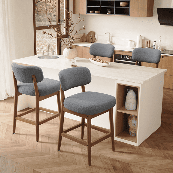 Hawsaiy Counter Height Bar Stools Set of 4, Mid Century Modern Boucle Barstools with Solid Wood Frame, Upholstered Kitchen Island Stools with Backrest & Footrest, Gray