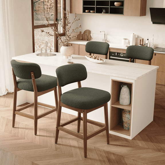 Hawsaiy Counter Height Bar Stools Set of 4, Mid Century Modern Boucle Barstools with Solid Wood Frame, Upholstered Kitchen Island Stools with Backrest & Footrest, Green