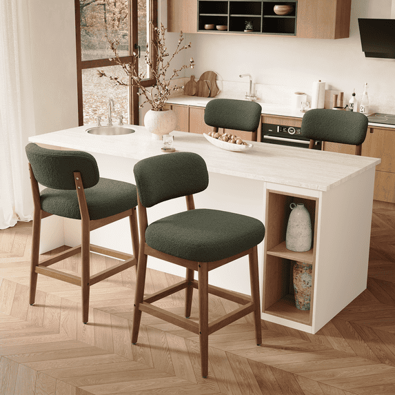 Hawsaiy Counter Height Bar Stools Set of 4, Mid Century Modern Boucle Barstools with Solid Wood Frame, Upholstered Kitchen Island Stools with Backrest & Footrest, Green