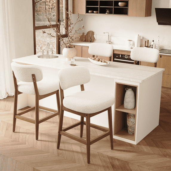 Hawsaiy Counter Height Bar Stools Set of 4, Mid Century Modern Boucle Barstools with Solid Wood Frame, Upholstered Kitchen Island Stools with Backrest & Footrest, White