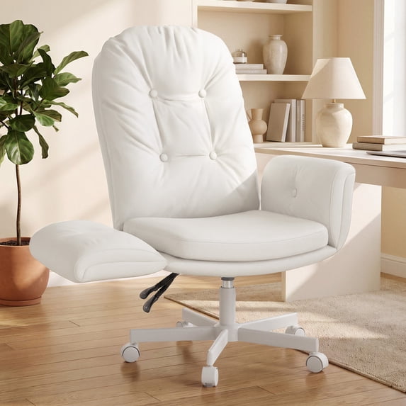 Hawsaiy Criss Cross Office Chair with Flip-Up Arms, Ergonomic Cross Legged Desk Chair, PU Leather Executive Computer Chair, 135° Reclining Plush Cushion, Pet-Friendly, White