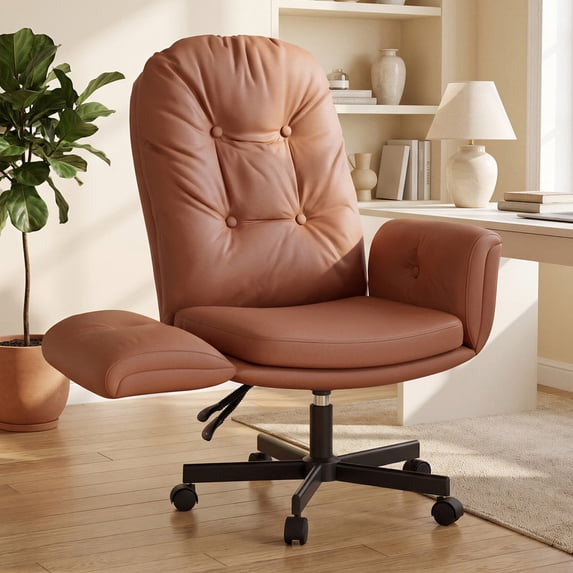 Hawsaiy Criss Cross Office Chair with Flip-Up Arms, Ergonomic Cross Legged Desk Chair, PU Leather Executive Computer Chair, 135° Reclining Plush Cushion, Pet-Friendly, Brown