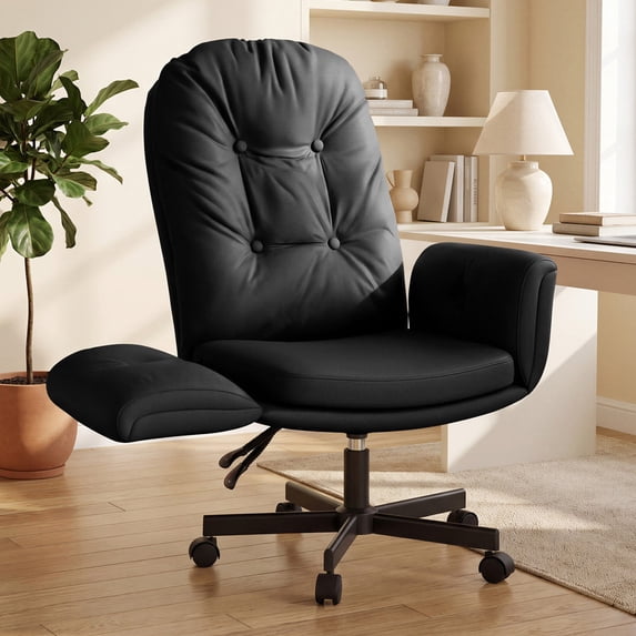 Hawsaiy Criss Cross Office Chair with Flip-Up Arms, Ergonomic Cross Legged Desk Chair, PU Leather Executive Computer Chair, 135° Reclining Plush Cushion, Pet-Friendly, Black