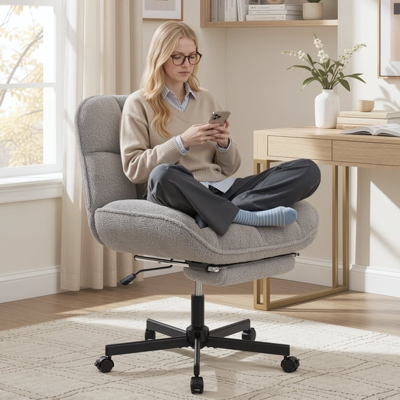 Hawsaiy Criss Cross Office Chair with Footrest, Oversized Sherpa Cross Legged Desk Chair, Height Adjustable Swivel Vanity Chair for Home Office Bedroom, Gray