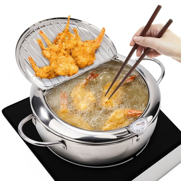 Hawsaiy 11" Deep Fryer Pot, 304 Stainless Steel Japanese Frying Pot with Oil Drain, Temperature Control and Lid, Tempura Deep Fryer Pot for Kitchen Stove/Induction Cooker French Fries Fryer Chicken