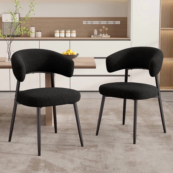 Hawsaiy Dining Chairs Set of 2, Mid Century Modern Boucle Upholstered Dining Chairs with Curved Backrest, Kitchen Dining Room Chairs with Black Metal Legs, Black