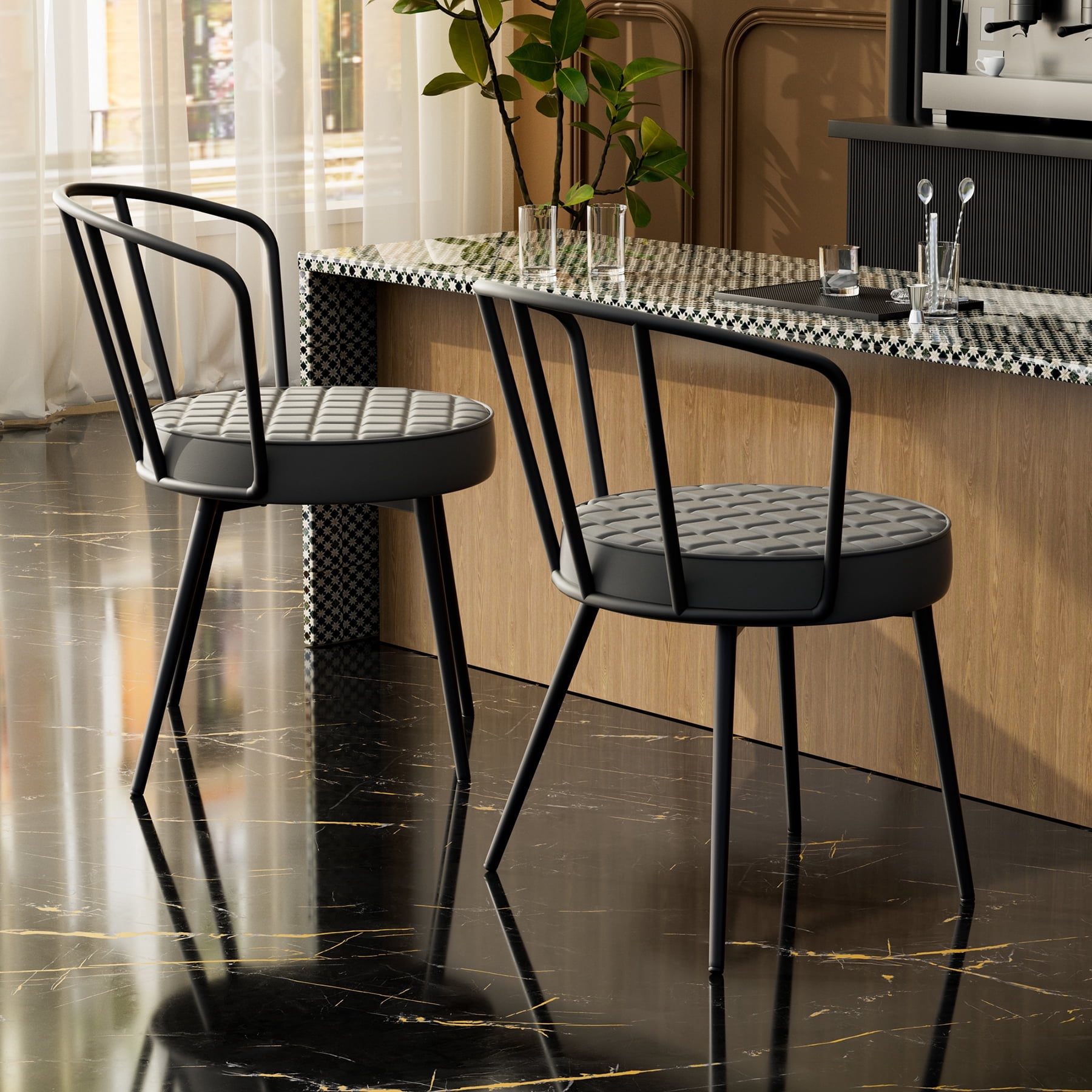 Hawsaiy Dining Chairs Set of 2, Mid-Century Modern Armless Upholstered Chairs with Backrest, PU Leather Seat and Metal Legs for Kitchen, Dining Room, or Living Room,Gray
