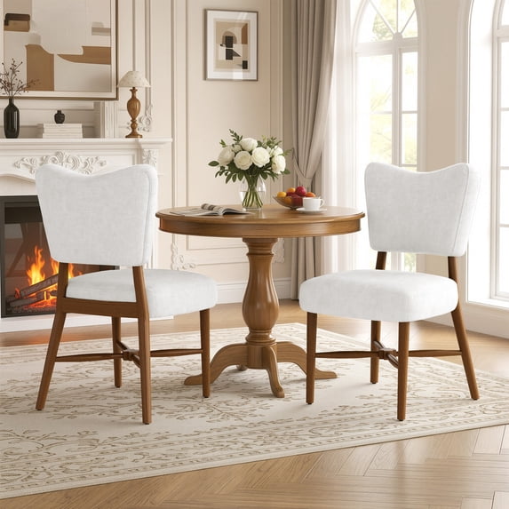 Hawsaiy Dining Chairs Set of 2, Upholstered Fabric Dining Room Chairs, Mid Century Modern Kitchen Chairs with Solid Wood Legs & Cross-Brace Support, Farmhouse Side Chairs for Dining Room, White