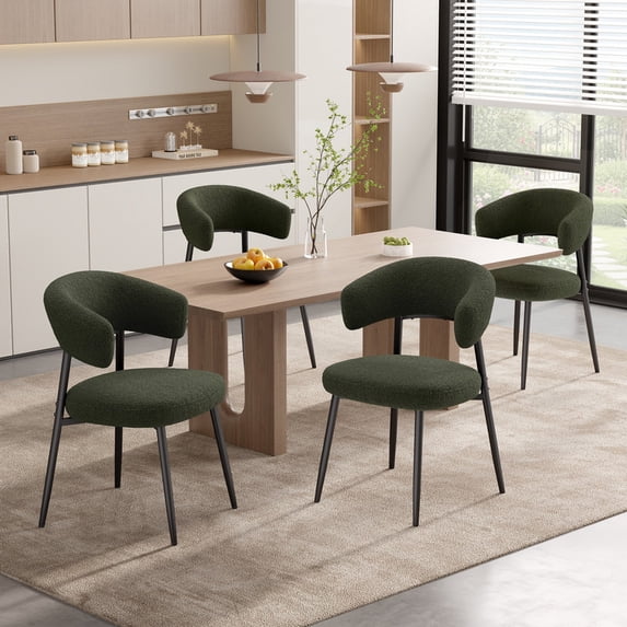 Hawsaiy Dining Chairs Set of 4, Mid Century Modern Boucle Upholstered Dining Chairs with Curved Backrest, Kitchen Dining Room Chairs with Black Metal Legs, Green