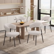 Hawsaiy Dining Chairs Set of 4, Mid Century Modern Boucle Upholstered Dining Chairs with Curved Backrest, Kitchen Dining Room Chairs with Black Metal Legs, White