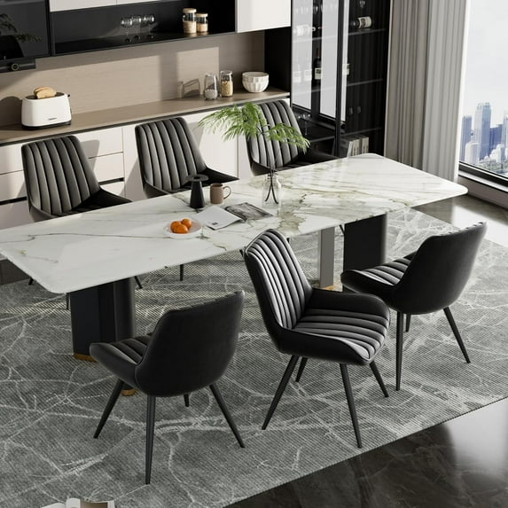 Hawsaiy Modern Dining Chairs Set of 6, Cat Scratch-Resistant Faux Leather Upholstered Kitchen Side Chairs with Thick Cushions & Metal Legs, Black