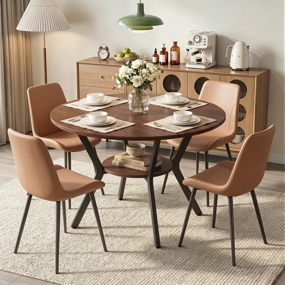 Hawsaiy Dining Table Set for 4, 42.1" Round Kitchen Table with Storage Shelf and 4 PU Leather Dining Chairs, Modern Dining Room Furniture Set with Metal Base for Apartment
