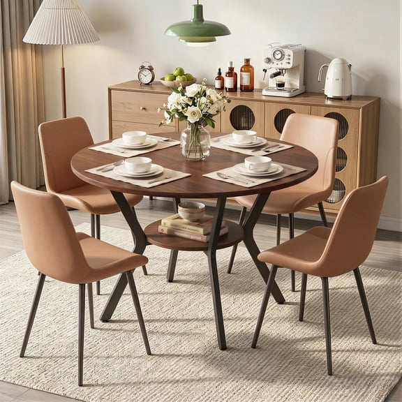 Hawsaiy Dining Table Set for 4, 42.1" Round Kitchen Table with Storage Shelf and 4 PU Leather Dining Chairs, Modern Dining Room Furniture Set with Metal Base for Apartment