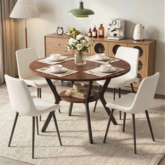 Hawsaiy Dining Table Set for 4, 42.1" Round Kitchen Table with Storage Shelf and 4 PU Leather Dining Chairs, Modern Dining Room Furniture Set with Metal Base for Apartment