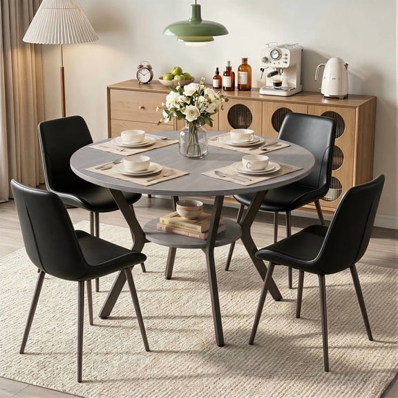 Hawsaiy Dining Table Set for 4, 42.1" Round Kitchen Table with Storage Shelf and 4 PU Leather Dining Chairs, Modern Dining Room Furniture Set with Metal Base for Apartment