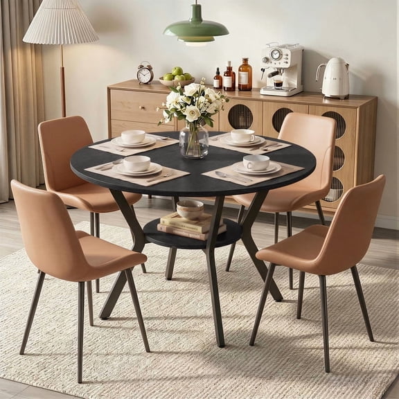 Hawsaiy Dining Table Set for 4, 42.1" Round Kitchen Table with Storage Shelf and 4 PU Leather Dining Chairs, Modern Dining Room Furniture Set with Metal Base for Apartment