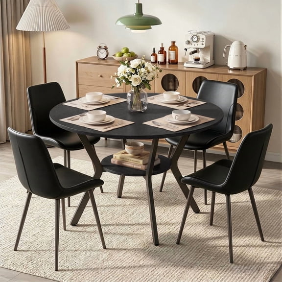 Hawsaiy Dining Table Set for 4, 42.1" Round Kitchen Table with Storage Shelf and 4 PU Leather Dining Chairs, Modern Dining Room Furniture Set with Metal Base for Apartment