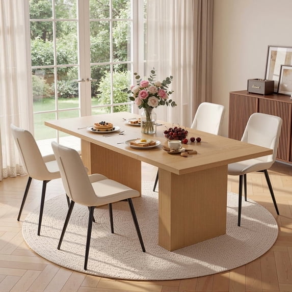 Hawsaiy Dining Table Set for 4, 78" Farmhouse Dining Table with 4 PU Leather Dining Chairs, Large Kitchen Table Set with Crossed Metal Leg Chairs for Dining Room(Natural +Beige)